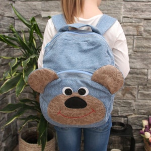Denim Bear Bbackpack pour enfant d’âge préscolaire, sac à dos ours pour enfants, sac à dos en denim pour tout-petits, sac à dos en denim pour enfants, sac à dos drôle pour enfants d’âge préscolaire