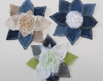 Recycled Denim Flower Patches With Lace Clusters, Floral Patches , Hippie Patches , Handmade Patches , Sew On Patches , Jacket Back Patches