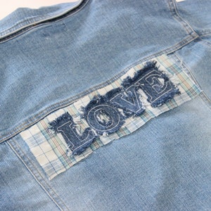 Large Love Patch , Recycled Denim Patch With Fringes , Denim Scrap Patch , Jacket Back Patch , Hippie Patch , Sew On Patch , Jeans Applique