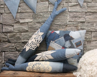 Großes gefülltes recyceltes Denim- und Doily-Fisch-Dekor, Upcycled-Denim-Fischkissen, gefüllter Denim-Fisch, Strandhaus-Fisch-Dekor, Fischkissen