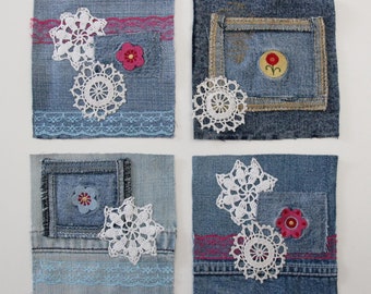 Parche de tela vaquera reciclada y crochet, parche de tela vaquera floral para coser, parche de retales de tela vaquera reciclada, parches de tela vaquera para colchas, parches para la espalda de chaquetas