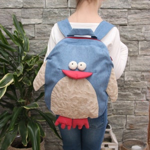 Sac à dos pingouin pour enfants d’âge préscolaire, sac à dos en denim pour tout-petits, sac à dos en denim recyclé, sac à dos pour enfants, sac en denim pour tout-petits, sac à dos pour enfants