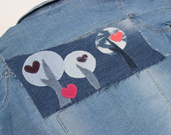 Denim Patch With Trees and Hearts Appliques , Sew On Denim Patch , Large Patch , Jean Patch ,Sew On Love Patch , Valentines Day Patch