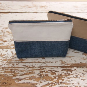 Bolsa cosmética de mezclilla, bolsa de maquillaje de mezclilla, bolsa de almacenamiento pequeña, estuche de lápiz de mezclilla, bolsa de viaje de mezclilla, bolsa de cremallera de mezclilla, sostenibilidad