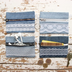Sac à main en denim et dentelle, portefeuille en denim recyclé, petit sac à main en denim, sac à main en denim, porte-clés en denim, porte-clés en denim recyclé