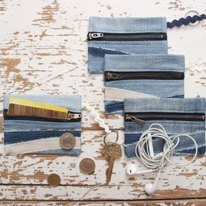 Bolsa de moedas jeans, carteira pequena jeans reciclada, bolsa jeans pequena com zíper, bolsa de chaveiro jeans, bolsa de cartão jeans, bolsa chave jeans