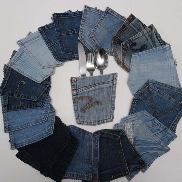 22 or 25 Recycled Denim Pocket Utensil Holder , Denim Party Decor , Country Wedding Table Decor , Barbeque Decor , Denim Pocket Table Decor