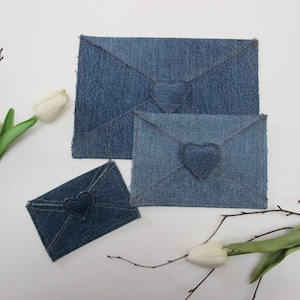 Busta di jeans con cuore ripieno, busta di denaro, busta di ringraziamento, busta per diario spazzatura, decorazione da tavola per feste, porta carte regalo