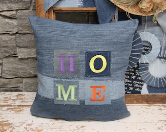 Recycled Denim Pillow With Home Letters Embroidery, Denim Accent Pillow , Denim Letter Pillow , Home Cushion , Family Pillow , Family Gift