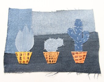 Stor återvunnen denimlapp med kaktusapplikation, sy-på-lapp, rygglappar, kaktuslappar, suckulenta lappar, jacklappar