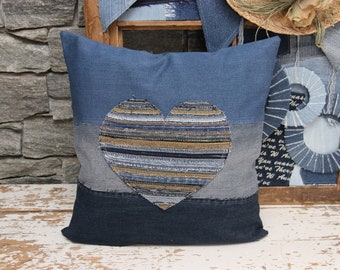 Decorative Denim Heart Pillow , Love Pillow , Denim Throw Pillow , Country Wedding Decor , Valentine's Decor , Bohemian Pillow , Minimalism