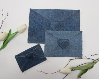 Denim Envelope With Stuffed Heart , Money Envelope , Thank You Envelope , Junk Journal Envelope , Party Table Decor , Gift Card Holder