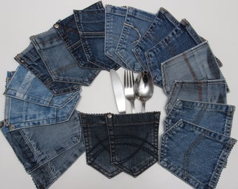 18 Jean Pockets , Denim Dinnerware Holder , Denim Napkin Holder , Denim Table Decor , Country Wedding Decor , Barbeque Decor , Denim Party