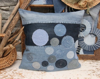 Recycled Denim Circles Pillow , Denim Scrap Pillow , Denim Decorative Throw Pillow , Bohemian Pillow , Denim Sham Pillow , Living Room Decor