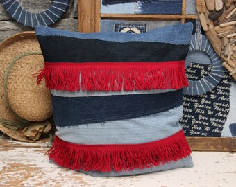 Denim Fringed Pillow , Decorative Pillow , Denim Throw Pillow , Country Pillow , Denim Toss Pillow , Cottage Pillow , Denim Farmhouse Pillow