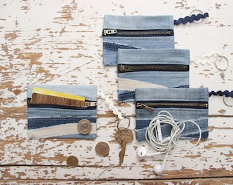 Denim Coins Purse, Recycled Denim Small Wallet, Small Denim Zipped Pouch, Denim Key Chain Purse, Denim Card Pouch, Denim Key Pouch