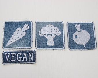 Vegan Patches , Vegan Badges , Vegetables Patches , Iron On Patches , Recycled Denim Appliques , Jacket Patches , Knee Patch , 3.4'' / 9 cm