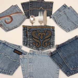 14 tasche in denim, porta tovaglioli in denim, decorazioni per stoviglie in denim, decorazioni per la fattoria, decorazioni per la tavola di nozze in campagna, decorazioni per barbecue in denim