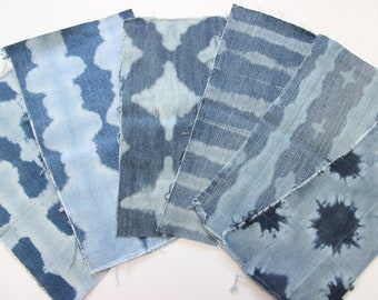 Bleached Denim Fabric Bundle , Denim Shibori Scraps , Japanese Shibori , Indigo Shibori , Scrap Bag , Tie Dye Fabric Scraps , Sashiko Boro