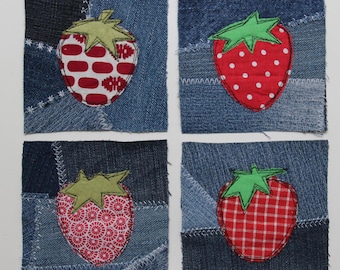 アップサイクルデニムのストロベリーパッチ、フリーモーション刺繍のストロベリーアップリケ、デニムの膝または肘のパッチ、リサイクルデニムのパッチワーク