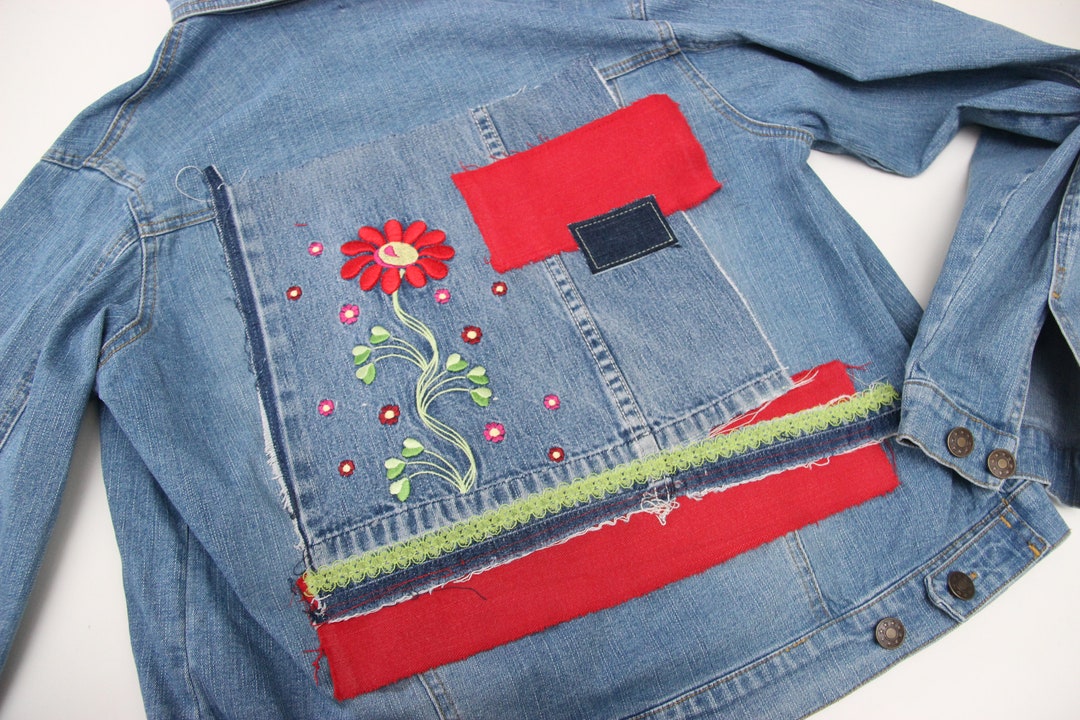 Denim Embroidered Flower Patch or Patch on Denim Pillow , Sew on Denim