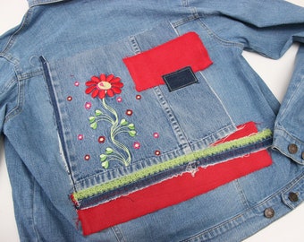 Denim Embroidered Flower Patch or Patch on Denim Pillow , Sew On Denim Patch , Large Patch , Jean Applique , Jean Jacket Back Patch