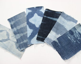 6 Pcs Denim Scraps , Denim Shibori Fabric , Denim Shibori Pack , Japanese Shibori , Denim DIY , Shibori Patches , Shibori Fabric Bundle