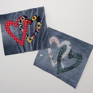 Parches textiles coloridos de corazones para coser, parches llamativos para chaquetas vaqueras, parches de corazón de mezclilla reciclada, apliques de corazones de tela grandes