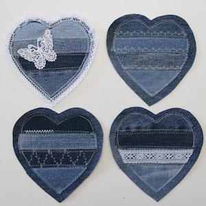 Parches de mezclilla reciclada con forma de corazón, encaje y puntadas, parches de corazón originales, parches de retales para chaquetas de mezclilla, parches de amor de mezclilla