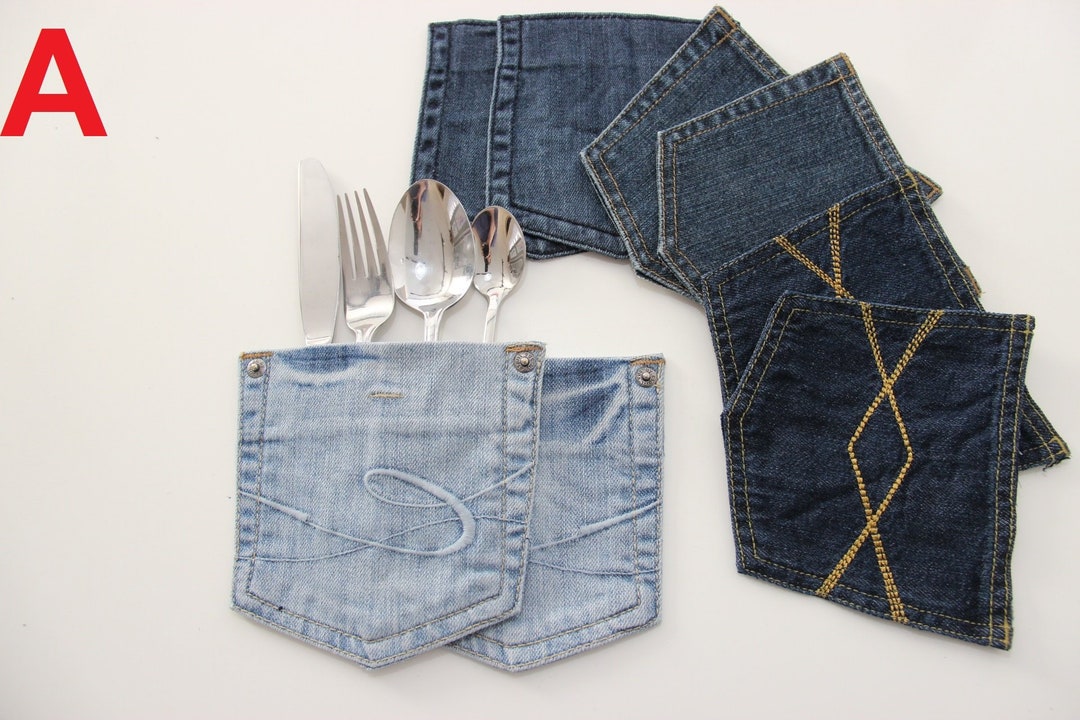 8 Jean Pocket Utensil Holder Denim Pocket Napkin Holder Etsy