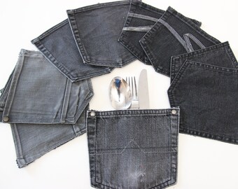 9 bolsos jeans pretos, porta-guardanapos jeans, decoração de mesa jeans, decoração de festa, decoração de mesa de casamento no campo, decoração de churrasco