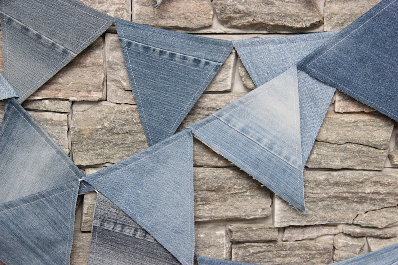 Recycelte Denim-Flaggen-Girlande, Denim-Wimpelkette, Denim-Wimpelbanner, Denim-Strandhaus-Dekoration, Kinderzimmer-Girlande, Denim-Hochzeitsdekoration Bild 3