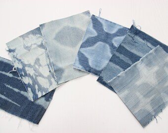 6 Denim Scraps , Denim Shibori Fabric Bundle , Denim Shibori Pack , Japanese Shibori , Denim DIY , Shibori Patches , Shibori Scraps Bundle