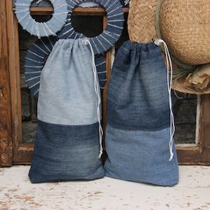 Recycled Denim Drawstring Storage Bag, Recycled Denim Bag, Minimalist Storage Bag, Sustainable Storage Bag, Eco Friendly Pouch