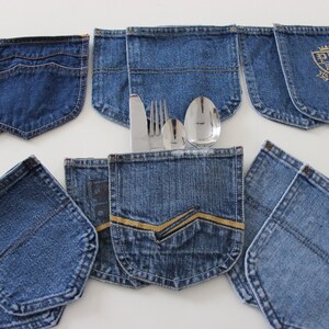 6 Sets Jeanstaschen, Besteckhalter aus recyceltem Denim, wiedergewonnene Jeans, blaue Jeanstaschen, Landhaus-Hochzeitsdekoration, Denim-Tischdekoration
