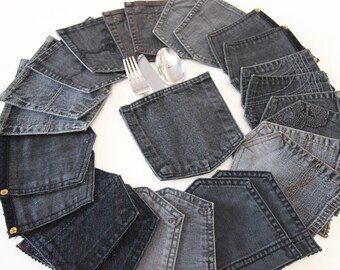 25 bolsos jeans pretos, porta-guardanapos jeans, decoração de mesa jeans, decoração de festa, decoração de mesa de casamento no campo, decoração de churrasco