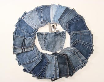 30 peças de porta-talheres com bolso traseiro para jeans, bolsos de jeans reciclado, bolsos de jeans azul, decoração de casamento no campo, decoração de mesa de jeans para churrasco