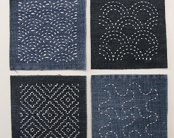 Up-cycled Denim Patches With Japanese Embroideries , Boro Sashiko Embroidery Patches , Slow Stitch Patches For Denim Jackets And Jeans