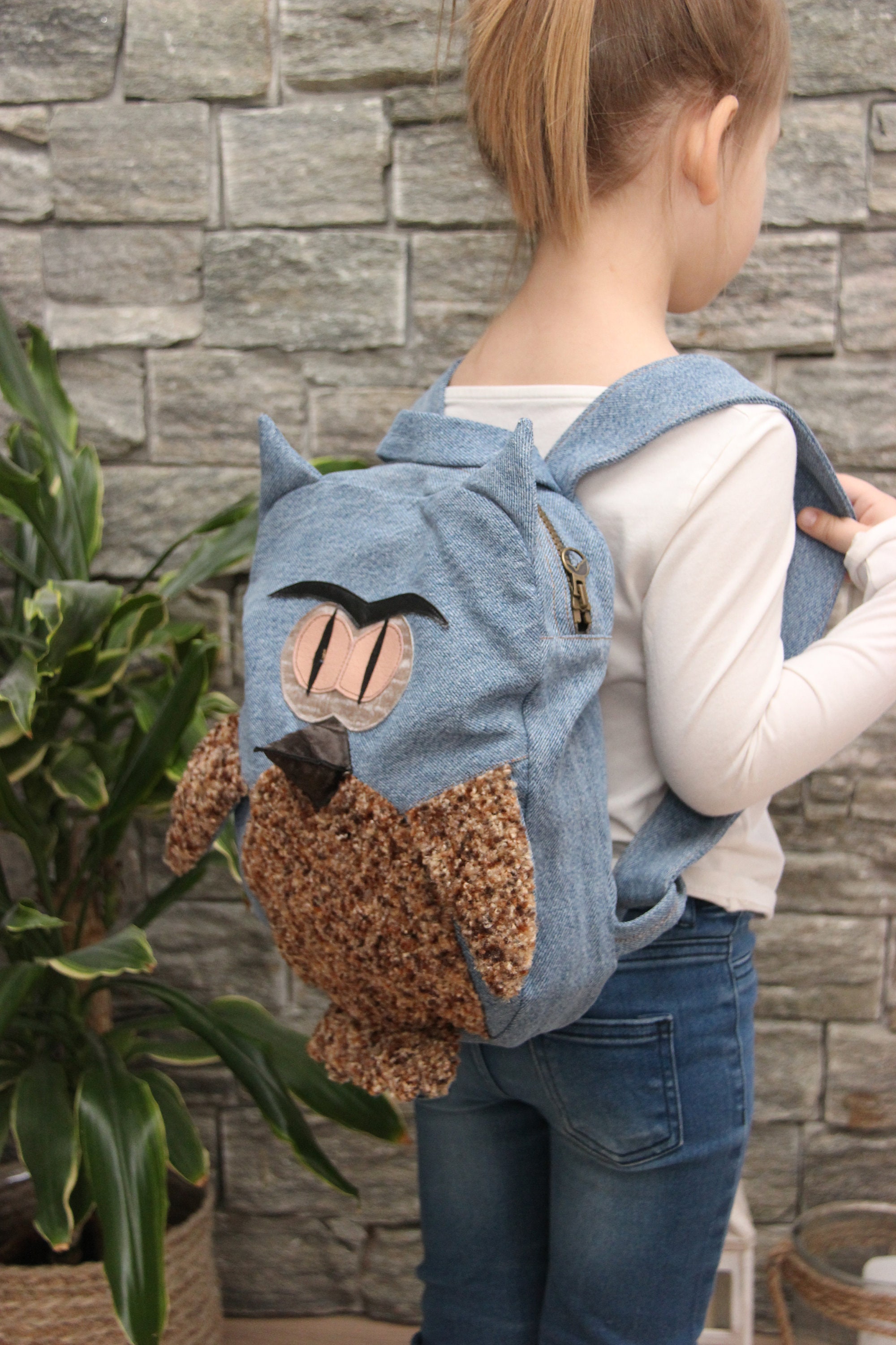 Owl Backpack for Preschooler , Light Jeans Backpack , Upcycled Denim ...