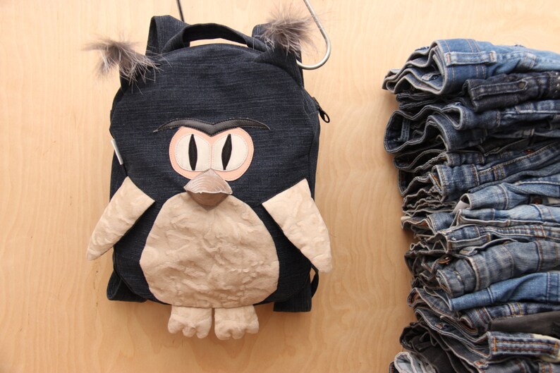 Owl backpack childrens backpack Bird backpack denim backpack jeans kids toddler backpack upcycled denim backpack Dark denim bag
