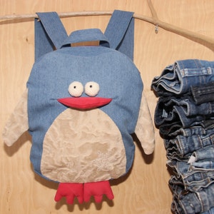 Owl backpack childrens backpack Bird backpack denim backpack jeans kids toddler backpack upcycled denim backpack Dark denim bag