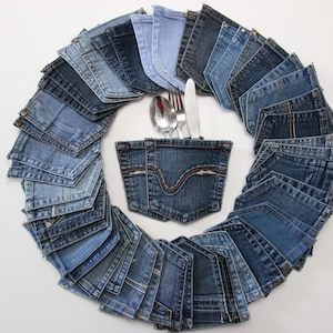 50 recycelte Denim-Taschen, Denim-Utensilienhalter, Grilldekoration, Denim-Taschen-Besteckhalter, Coutry-Tischdekoration, Denim-Hochzeitsdekoration