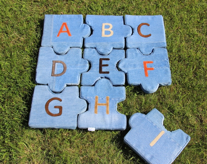 Denim Puzzle Pieces Pillows , Child Interactive Pillow , Montessori , Alphabet Pillows , Game Mattress , Stuffed Puzzle , Educational Toys