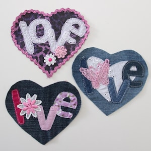 Grote denim hartvormige liefdespatches met kanten bloemen, jeans hartpatches, denim liefdesapplicaties, stoffen hartversieringen