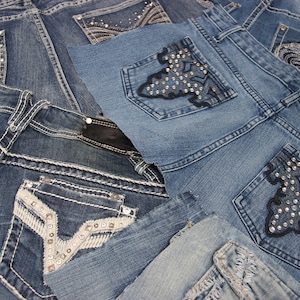 Tasche posteriori in denim su base denim, tasche per riutilizzo, componente per la creazione di borse, lavorazione denim, tasche posteriori in denim, fai da te in denim