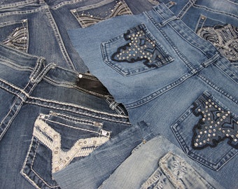 Tasche posteriori in denim su base denim, tasche riutilizzabili, componente per la creazione di borse, lavorazione del denim, tasche posteriori in denim, fai da te in denim