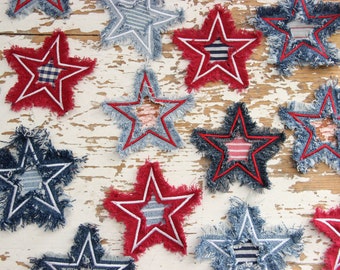 Upcycled denim omzoomde naai-sterrenpatch met gat, Americana Star, 4 juli Star-applique, patriottische sterpatches, gerecyclede jeanspatch