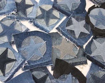 Denim Star Patch Set , Set Of 4 Sew On Patches , Upcycled Denim Patch , Boho Patch , Jean Patches , Embellishment , Badge Stickers Clothes