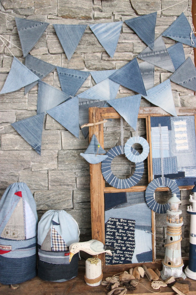 Recycelte Denim-Flaggen-Girlande, Denim-Wimpelkette, Denim-Wimpelbanner, Denim-Strandhaus-Dekoration, Kinderzimmer-Girlande, Denim-Hochzeitsdekoration Bild 1