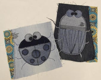 Grote naaibare patches van gerecyclede spijkerstof, kevers, lieveheersbeestjes, stoffen naaiapplicaties voor kleding of wanddecoratie